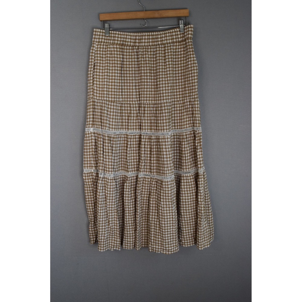 Madewell Linen Blend Eyelet Trim Tiered Maxi Skirt Large Tan White Womens